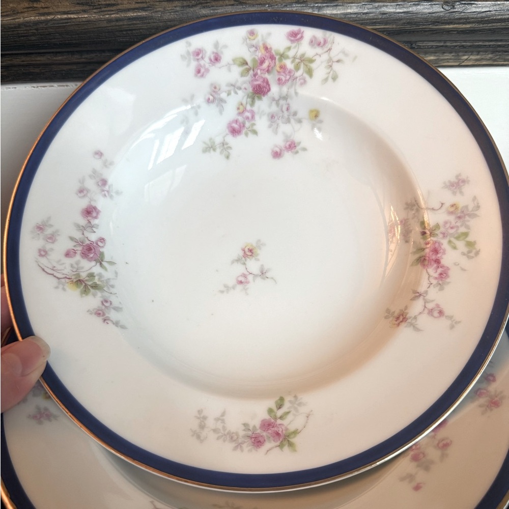 Bassett china Pattern 12699 rimmed Soup Bowl with pink flower, cobalt & gold rim